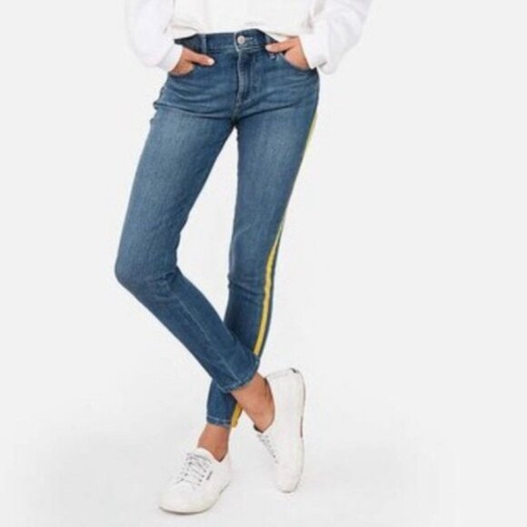 Express Medium Wash Blue. Yellow Stripe Denim Legging High Rise Jeans Size 0 - Picture 1 of 12